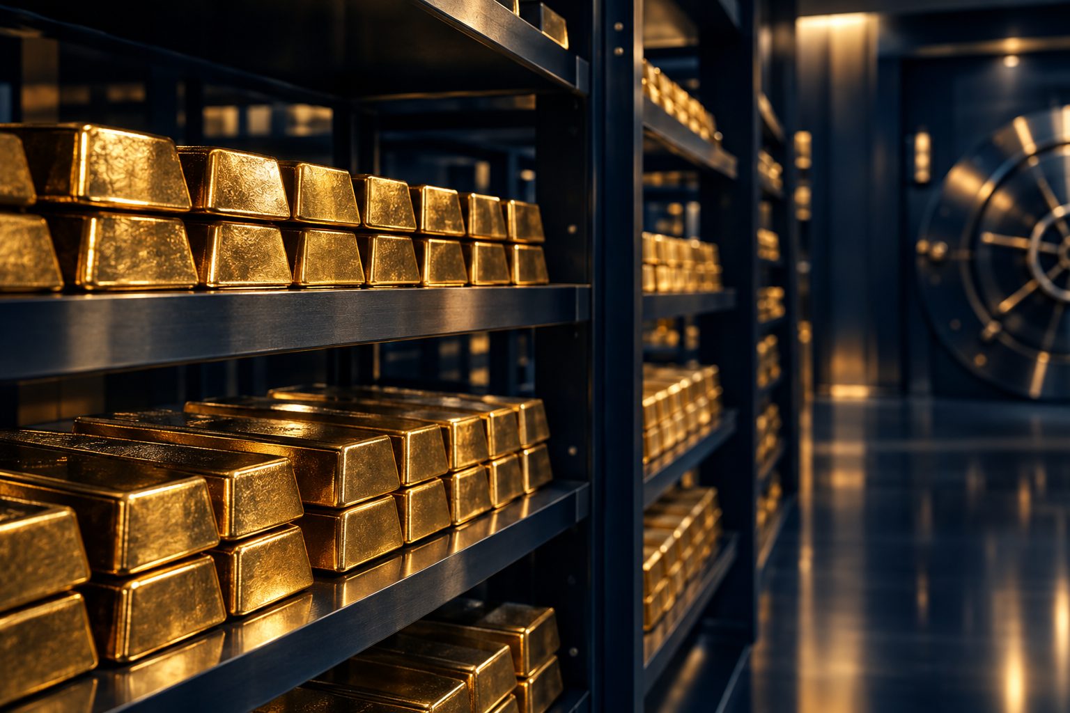 Gold bullion bars on shelving inside a secure vault