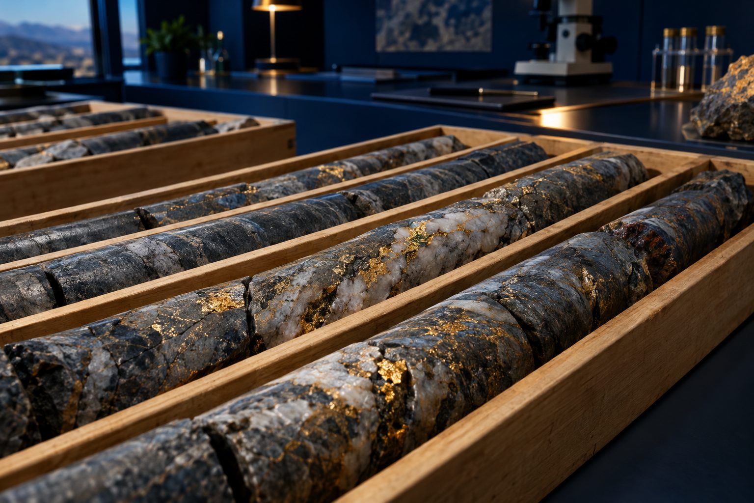 Drill core samples showing mineralization in core trays