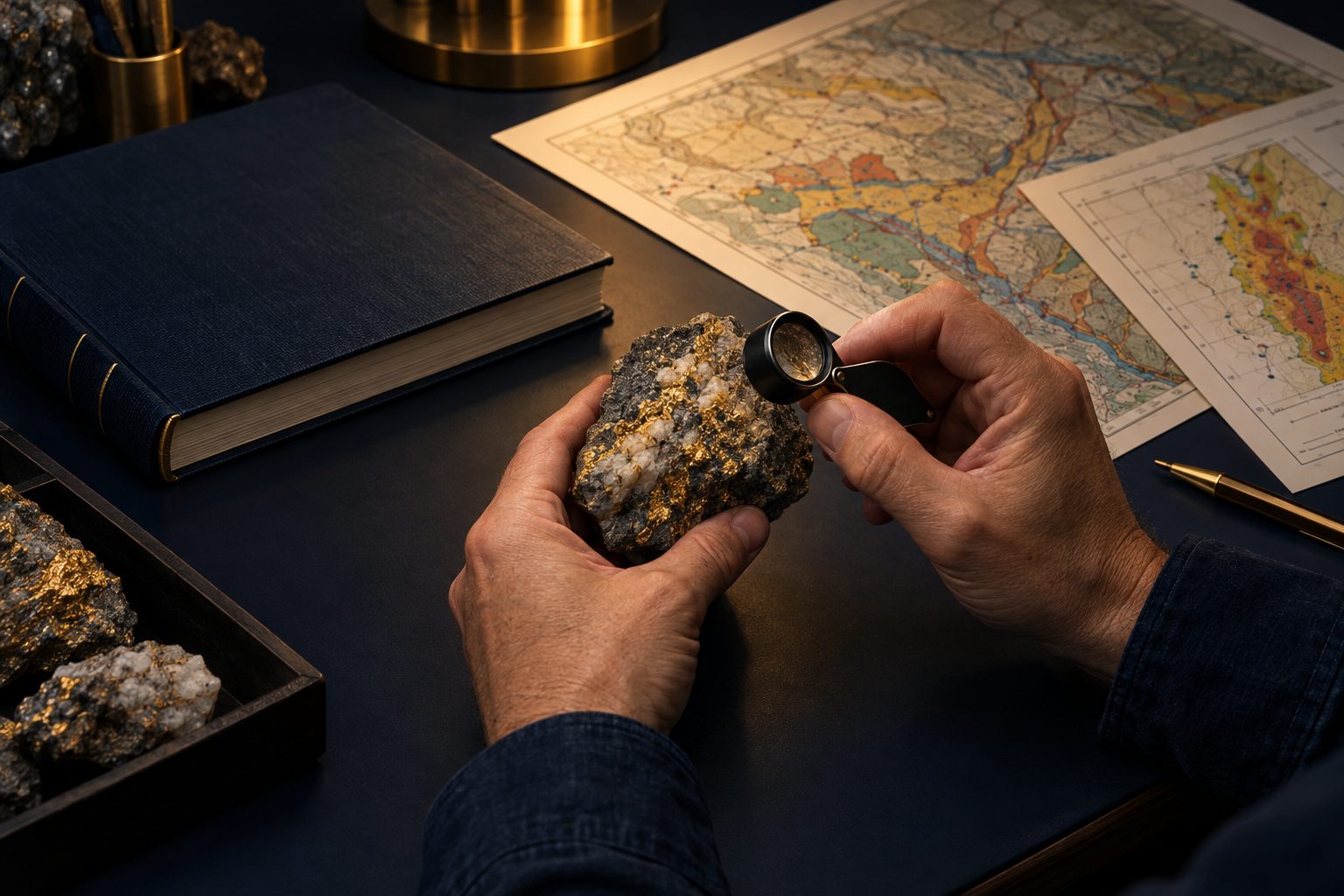 A geologist examining a gold bearing ore specimen beside a technical report